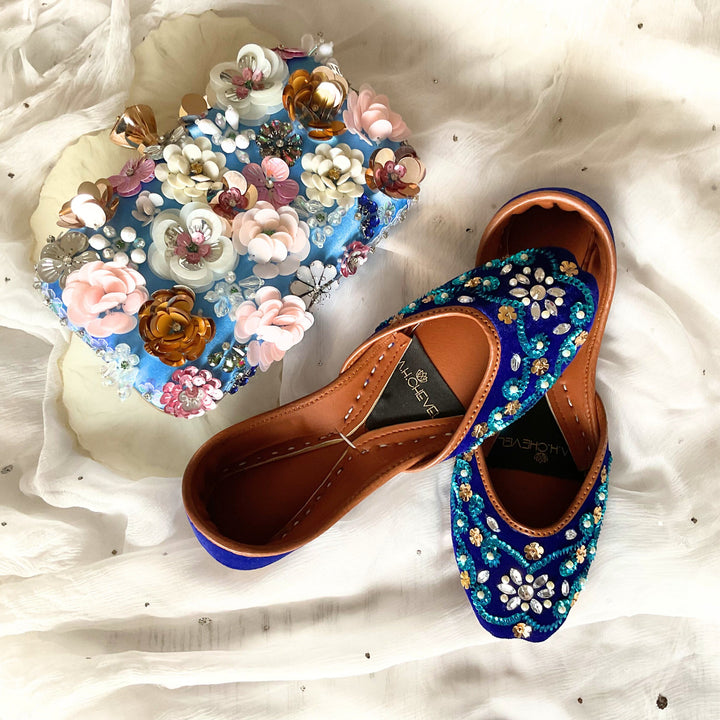 Maya Blue Swirls - Blue base Embellished Wedding Ballet Flat Shoes Blue Jutis Blue Slip Ons Mojari Blue Khussa Ballerines Bleu Clair