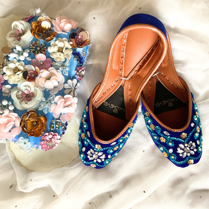 Maya Blue Swirls - Blue base Embellished Wedding Ballet Flat Shoes Blue Jutis Blue Slip Ons Mojari Blue Khussa Ballerines Bleu Clair