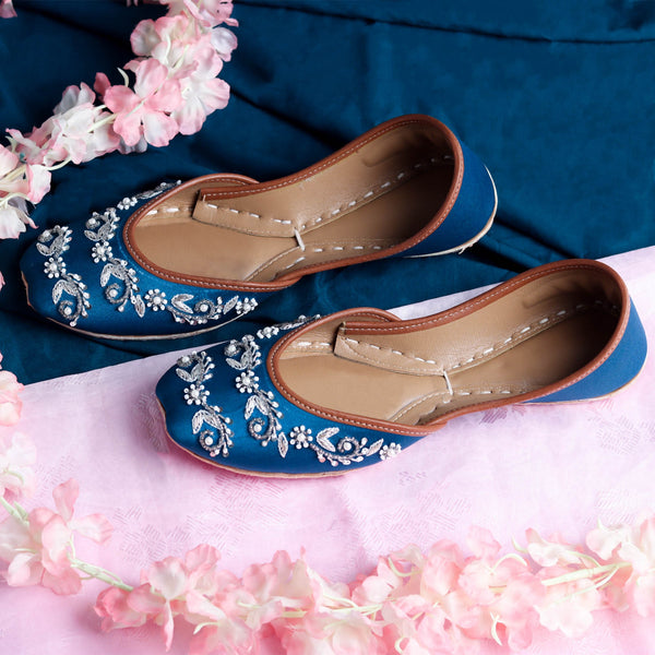 Floral Royalty - Stunning Midnight Blue Embellished Ballet Pearl Wedding Flat Shoes Blue Jutis Blue Mojari Blue Khussa