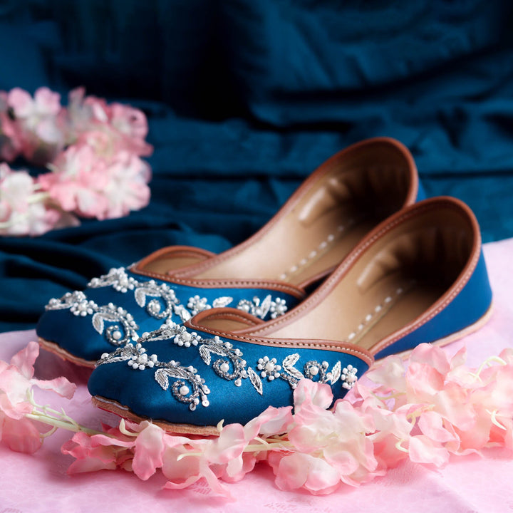 Floral Royalty - Stunning Midnight Blue Embellished Ballet Pearl Wedding Flat Shoes Blue Jutis Blue Mojari Blue Khussa