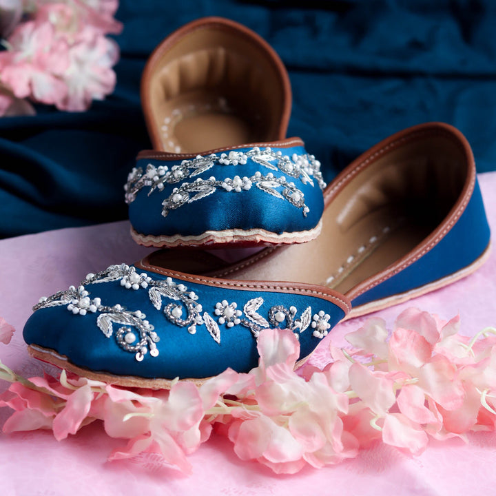 Floral Royalty - Stunning Midnight Blue Embellished Ballet Pearl Wedding Flat Shoes Blue Jutis Blue Mojari Blue Khussa