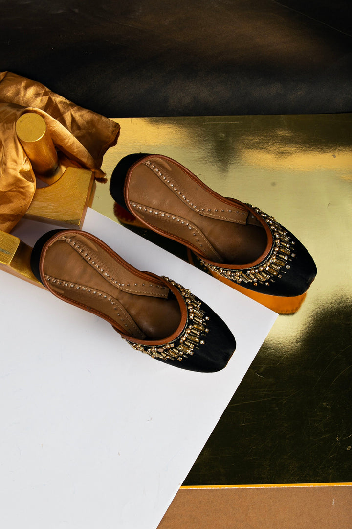 Black Indian ballet flats with gold beads and gold rectangle sequins embellishments.