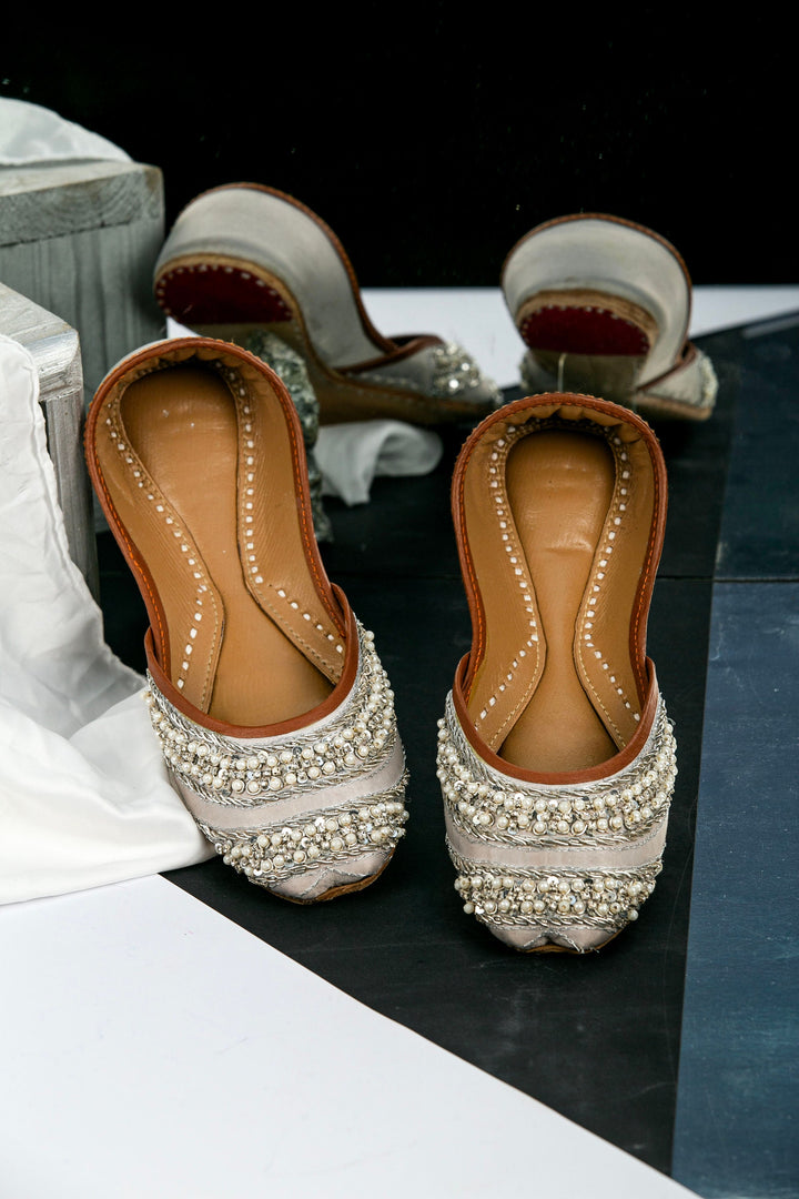 Silver Wedding Flats with pearls, rhinestones, silver french wire embellishment.