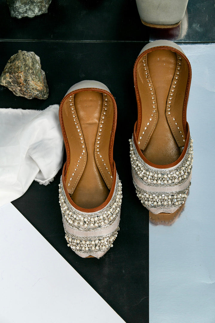 Silver Pakistani Khussa with pearls, rhinestones, silver french wire embellishment.