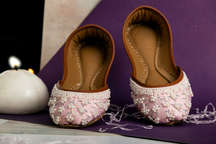 Pink Indian Jutti with pearl embellishment and silver embroidery.