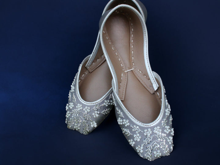 Grey wedding flats with white beads, silver french wire and silver sequins embellishment.