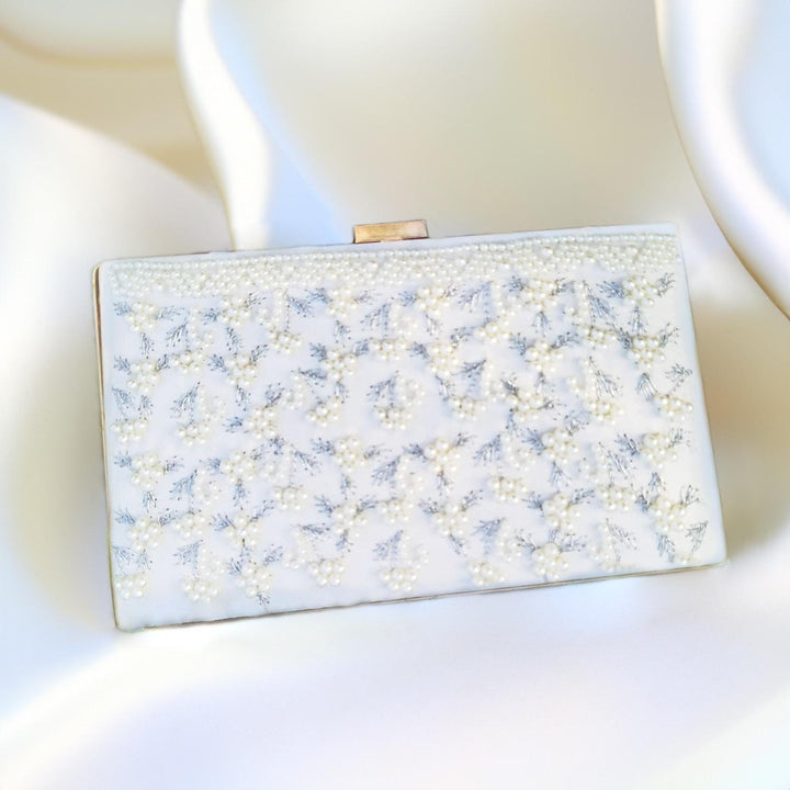 Pearl Essence: Custom White Bridal Wedding Clutch with Pearl Embellishment on Satin Fabric