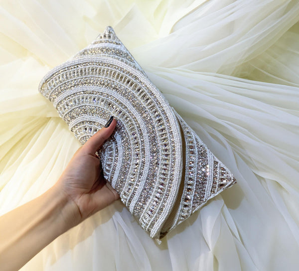 Radiant Sophistication: Wedding Evening Clutch Bag Adorned with Fully Embellished White Beads and Sequins