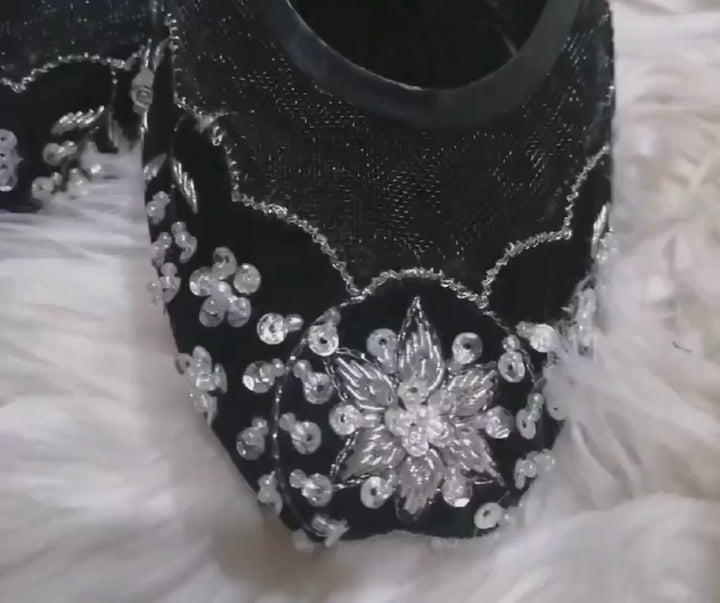 Black Velvet Pearl Embroidered Bridal Flats - Handmade black velvet bridal flats with pearl, sequin and silver floral embroidery.