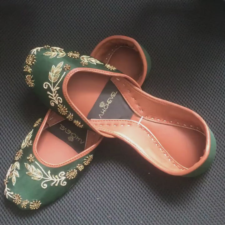 Nawabi Green - Green Embellished Ballet Flat Shoes Green Jutis Green Slip Ons Mojari Green Khussa Vert Ballerines