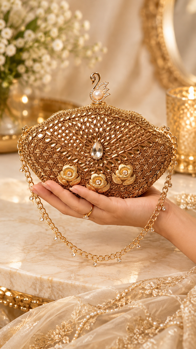 Antique gold swan bridal clutch video showing floral embellishments, pearl clasp and gold chain strap