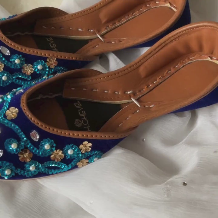 Maya Blue Swirls - Blue base Embellished Wedding Ballet Flat Shoes Blue Jutis Blue Slip Ons Mojari Blue Khussa Ballerines Bleu Clair