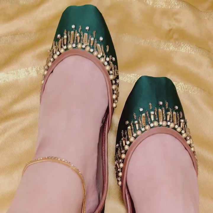 Try-on video showing Sacramento green velvet wedding flats with gold beads, pearl accents and a thin flat sole.